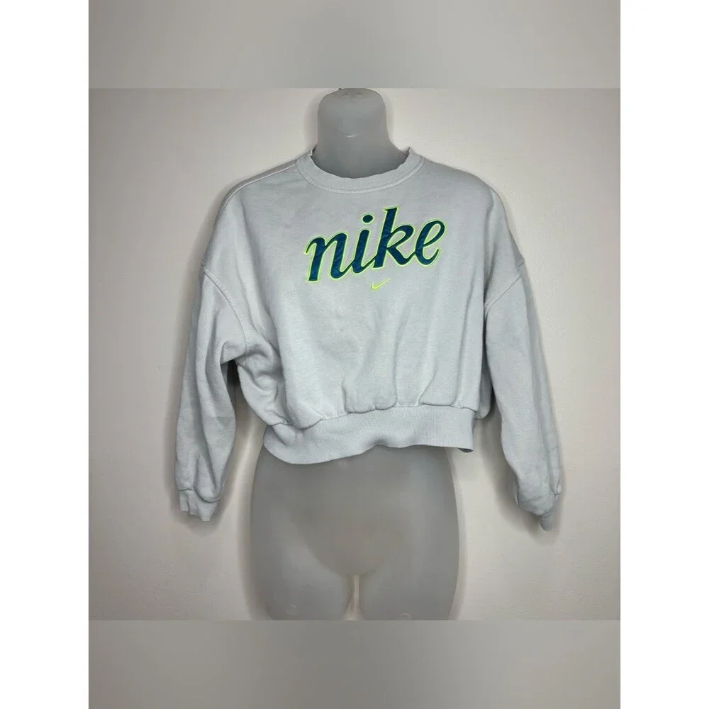 Nike off White Cropped Crew Sweatshirt Neon Green Navy logo spell out medium